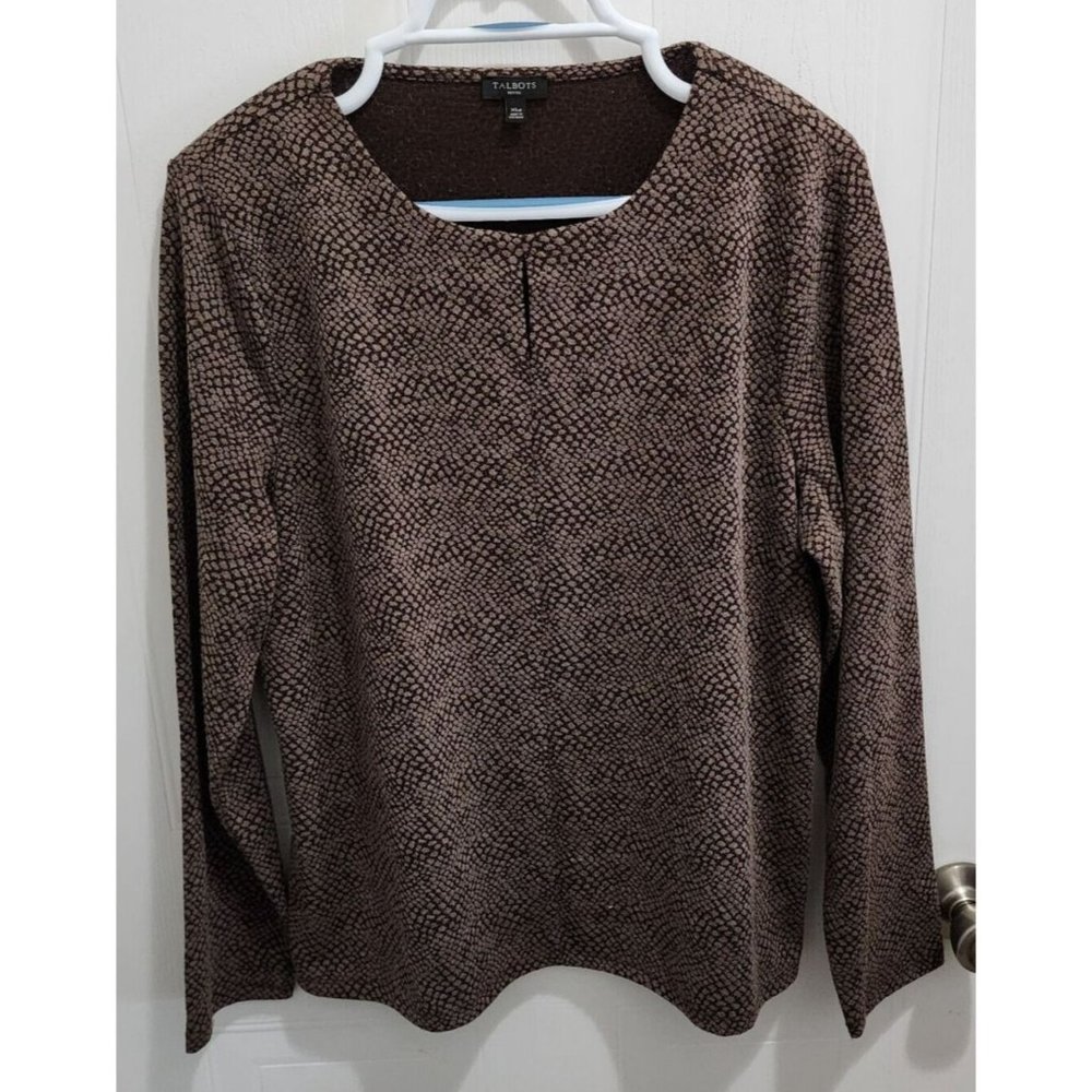 Talbots Women's Long Sleeve Keyhole Neck‎ Top Brown Textured Animal Print Sz XLP